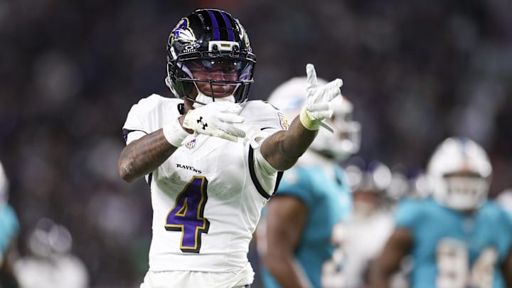 Oct 30, 2025; Miami Gardens, Florida, USA; Baltimore Ravens wide receiver Zay Flowers (4) reacts after a play against the Miami Dolphins in the third quarter at Hard Rock Stadium. Mandatory Credit: Nathan Ray Seebeck-Imagn Images