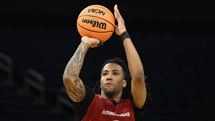 Mar 26, 2025; San Francisco, CA, USA; Arkansas Razorbacks guard Boogie Fland (2) shoots the basketball during NCAA Tournament West Regional Practice at Chase Center.
