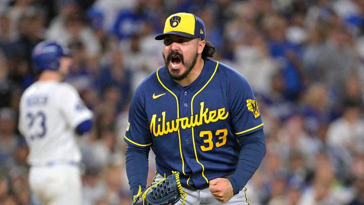 Oct 15, 2026; Los Angeles, California, USA; Milwaukee Brewers pitcher JoJo Romero (33) reacts during the sixth inning against the Los Angeles Dodgers in game four of the NLCS for the 2026 MLB Playoffs at Uniqlo Field at Dodger Stadium. Mandatory Credit: Jayne Kamin-Oncea-Imagn Images TPX IMAGES OF THE DAY Oct 15, 2026; Los Angeles, California, USA; Milwaukee Brewers pitcher JoJo Romero (33) reacts during the sixth inning against the Los Angeles Dodgers in game four of the NLCS for the 2026 MLB Playoffs at Uniqlo Field at Dodger Stadium. Mandatory Credit: Jayne Kamin-Oncea-Imagn Images TPX IMAGES OF THE DAY