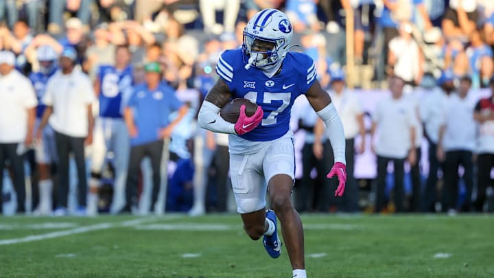 Oct 21, 2023; Provo, Utah, USA; Brigham Young Cougars wide receiver Keelan Marion (17) returns a kick against the Texas Tech Red Raiders in the first half at LaVell Edwards Stadium. Mandatory Credit: Rob Gray-Imagn Images Oct 21, 2023; Provo, Utah, USA; Brigham Young Cougars wide receiver Keelan Marion (17) returns a kick against the Texas Tech Red Raiders in the first half at LaVell Edwards Stadium. Mandatory Credit: Rob Gray-Imagn Images