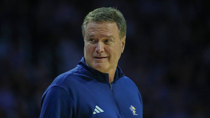 Feb 8, 2025; Manhattan, Kansas, USA; Kansas Jayhawks head coach Bill Self looks at his bench during the first half against the Kansas State Wildcats at Bramlage Coliseum. Mandatory Credit: Scott Sewell-Imagn Images