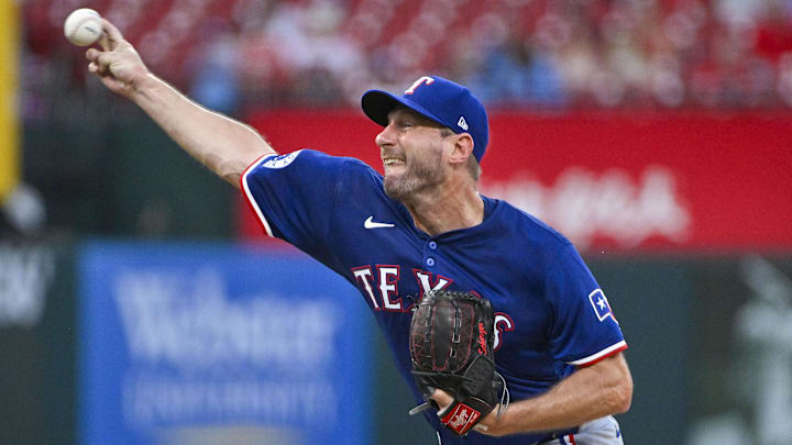 Jul 30, 2024; St. Louis, Missouri, USA;  Texas Rangers starting pitcher Max Scherzer (31) pitches against the St. Louis Cardinals during the second inning at Busch Stadium. 