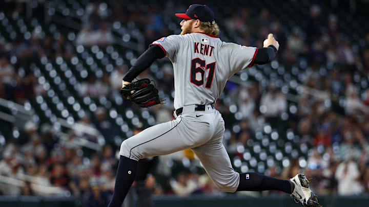 Sep 20, 2025: Cleveland Guardians pitcher Zak Kent (61) delivers a pitcher against the Minnesota Twins during the ninth inning of game two of a double header at Target Field. Sep 20, 2025: Cleveland Guardians pitcher Zak Kent (61) delivers a pitcher against the Minnesota Twins during the ninth inning of game two of a double header at Target Field.