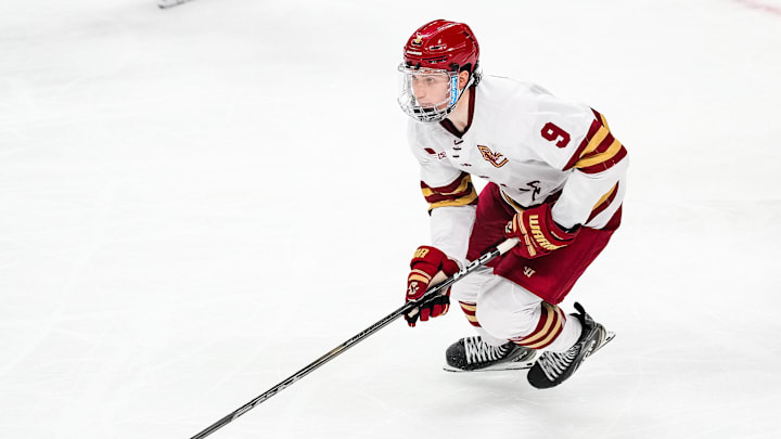 Apr 11, 2024; Saint Paul, Minnesota, USA; Boston College Eagles forward Ryan Leonard (9) carries the puck in the semifinals of the 2024 Frozen Four college ice hockey tournament during the third period against the Michigan Wolverines at Xcel Energy Center. Mandatory Credit: Brace Hemmelgarn-Imagn Images Apr 11, 2024; Saint Paul, Minnesota, USA; Boston College Eagles forward Ryan Leonard (9) carries the puck in the semifinals of the 2024 Frozen Four college ice hockey tournament during the third period against the Michigan Wolverines at Xcel Energy Center. Mandatory Credit: Brace Hemmelgarn-Imagn Images