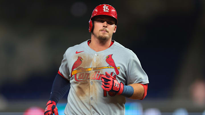 Aug 18, 2025; Miami, Florida, USA; St. Louis Cardinals third baseman Nolan Gorman (16) circles the bases after hitting a two-run home run against the Miami Marlins during the ninth inning at loanDepot Park. Mandatory Credit: Sam Navarro-Imagn Images