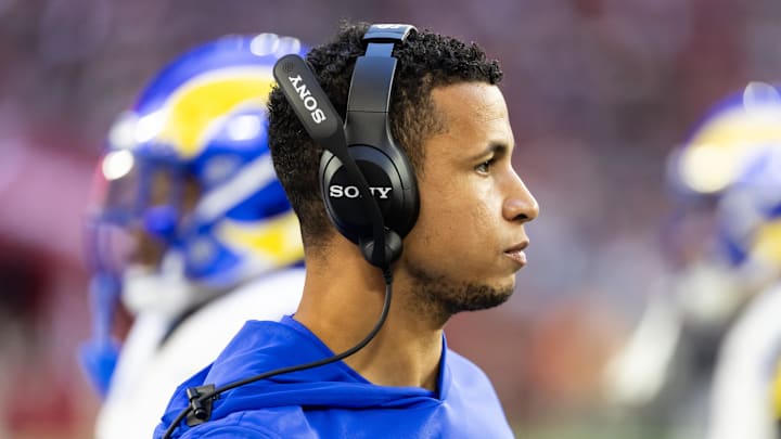 Dec 7, 2025; Glendale, Arizona, USA; Los Angeles Rams pass game coordinator Nate Scheelhaase against the Arizona Cardinals at State Farm Stadium. Mandatory Credit: Mark J. Rebilas-Imagn Images Dec 7, 2025; Glendale, Arizona, USA; Los Angeles Rams pass game coordinator Nate Scheelhaase against the Arizona Cardinals at State Farm Stadium. Mandatory Credit: Mark J. Rebilas-Imagn Images