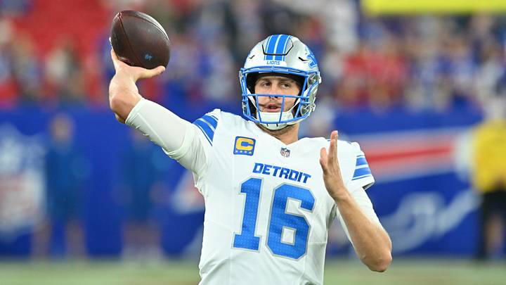 Sep 17, 2026; Orchard Park, New York, USA;  Detroit Lions quarterback Jared Goff (16) warms up before the game against the Buffalo Bills at New Highmark Stadium.  Mandatory Credit: Mark Konezny-Imagn Images