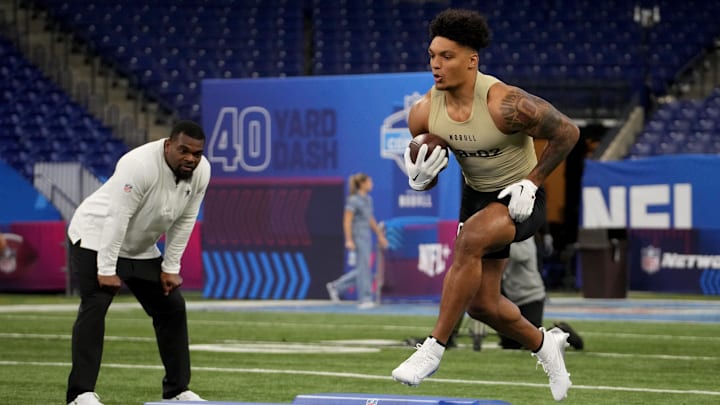 Mar 2, 2024; Indianapolis, IN, USA; Wisconsin running back Braelon Allen (RB02) during the 2024 NFL