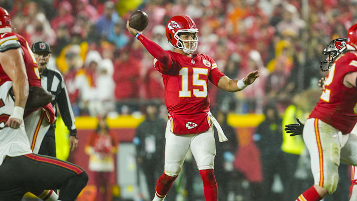 Nov 4, 2024; Kansas City, Missouri, USA; Kansas City Chiefs quarterback Patrick Mahomes (15) throws a pass during the second half against the Tampa Bay Buccaneers at GEHA Field at Arrowhead Stadium. Mandatory Credit: Jay Biggerstaff-Imagn Images