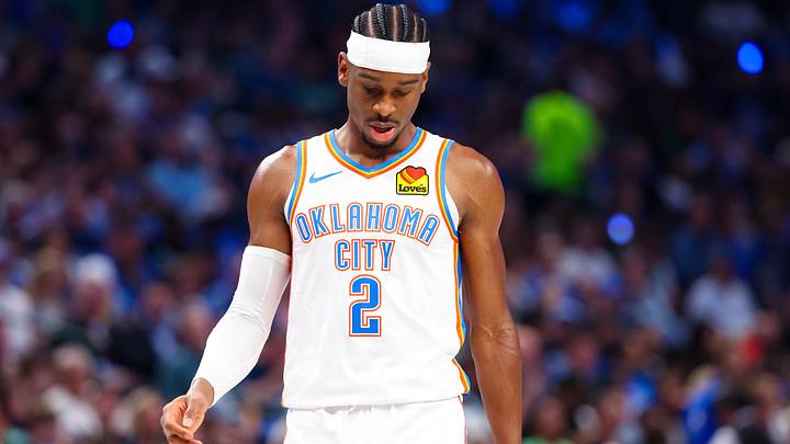 May 11, 2024; Dallas, Texas, USA; Oklahoma City Thunder guard Shai Gilgeous-Alexander (2) reacts during the game against the Dallas Mavericks during game three of the second round for the 2024 NBA playoffs at American Airlines Center. Mandatory Credit: Kevin Jairaj-Imagn Images May 11, 2024; Dallas, Texas, USA; Oklahoma City Thunder guard Shai Gilgeous-Alexander (2) reacts during the game against the Dallas Mavericks during game three of the second round for the 2024 NBA playoffs at American Airlines Center. Mandatory Credit: Kevin Jairaj-Imagn Images