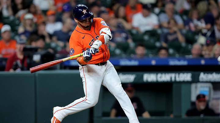 Jun 19, 2026; Houston, Texas, USA; Houston Astros third baseman Isaac Paredes (15) hits a single against the Cleveland Guardians during the sixth inning at Daikin Park. Mandatory Credit: Erik Williams-Imagn Images