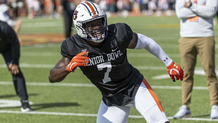 Jan 29, 2025; Mobile, AL, USA; American team linebacker Eugene Asante of Auburn (7) works in drills during Senior Bowl practice for the National team at Hancock Whitney Stadium. Mandatory Credit: Vasha Hunt-Imagn Images