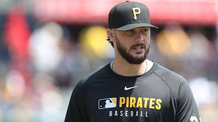May 11, 2025; Pittsburgh, Pennsylvania, USA;  Pittsburgh Pirates pitcher Paul Skenes (30) looks on before the game against the Atlanta Braves at PNC Park. Mandatory Credit: Charles LeClaire-Imagn Images
