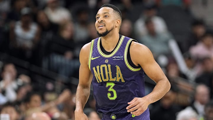 Mar 15, 2025; San Antonio, Texas, USA; New Orleans Pelicans guard CJ McCollum (3) reacts after scoring a basket during the second half against the San Antonio Spurs at Frost Bank Center. Mandatory Credit: Scott Wachter-Imagn Images