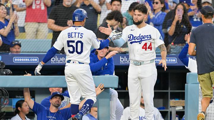 Aug 11, 2026; Los Angeles, California, USA; Los Angeles Dodgers shortstop Mookie Betts (50) celebrates a solo home run with center fielder Andy Pages (44) in the second inning against the Kansas City Royals at Dodger Stadium. Mandatory Credit: Jayne Kamin-Oncea-Imagn Images Aug 11, 2026; Los Angeles, California, USA; Los Angeles Dodgers shortstop Mookie Betts (50) celebrates a solo home run with center fielder Andy Pages (44) in the second inning against the Kansas City Royals at Dodger Stadium. Mandatory Credit: Jayne Kamin-Oncea-Imagn Images
