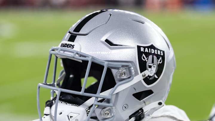 Aug 23, 2025; Glendale, Arizona, USA; Detailed view of a Las Vegas Raiders helmet during a preseason NFL game at State Farm Stadium. Mandatory Credit: Mark J. Rebilas-Imagn Images
