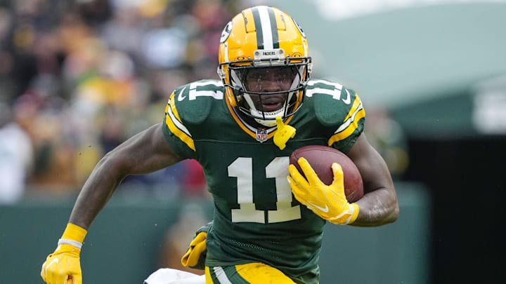 Jan 5, 2025; Green Bay, Wisconsin, USA;  Green Bay Packers wide receiver Jayden Reed (11) during the game against the Chicago Bears at Lambeau Field. Mandatory Credit: Jeff Hanisch-Imagn Images
