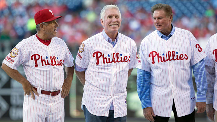 Jul 31, 2015; Philadelphia, PA, USA; Philadelphia Phillies Wall of Fame member Larry Bowa (left) and Mike Schmidt (middle) and Steve Carlton (right)