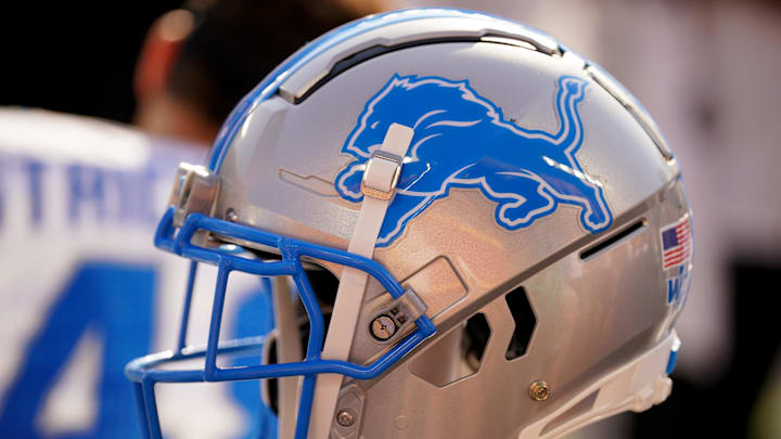 Aug 17, 2024; Kansas City, Missouri, USA; A general view of a Detroit Lions helmet during the second half of the game against the Kansas City Chiefs at GEHA Field at Arrowhead Stadium. Mandatory Credit: Denny Medley-Imagn Images