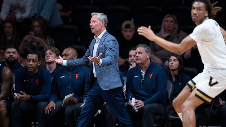 Virginia coach Ryan Odom works the referees during the second half of their exhibition game against Vanderbilt at Memorial Gym in Nashville, Tenn., Thursday, Oct. 16, 2025.