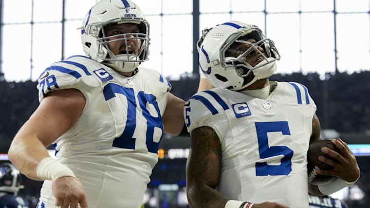 Dec 22, 2024; Indianapolis, Indiana, USA; Indianapolis Colts quarterback Anthony Richardson (5) celebrates with Indianapolis Colts center Ryan Kelly (78) after rushing for a touchdown during a game against the Tennessee Titans at Lucas Oil Stadium. Mandatory Credit: Christine Tannous/USA Today Network via Imagn Images Dec 22, 2024; Indianapolis, Indiana, USA; Indianapolis Colts quarterback Anthony Richardson (5) celebrates with Indianapolis Colts center Ryan Kelly (78) after rushing for a touchdown during a game against the Tennessee Titans at Lucas Oil Stadium. Mandatory Credit: Christine Tannous/USA Today Network via Imagn Images