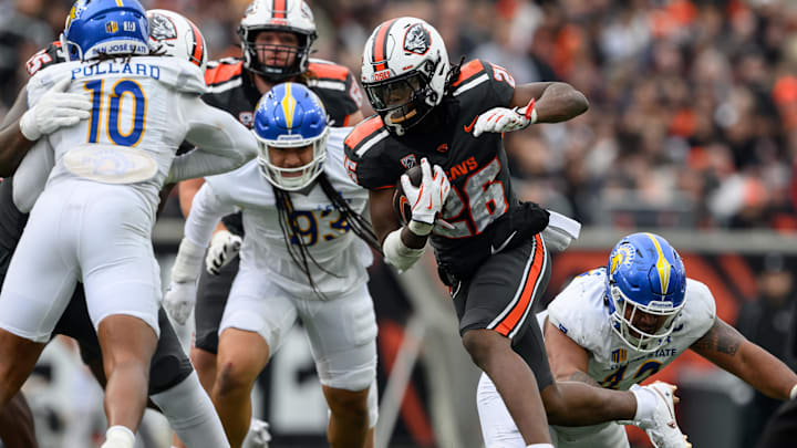 Nov 9, 2024; Corvallis, Oregon, USA; Oregon State Beavers running back Salahadin Allah (26) runs the ball against the San Jose State Spartans during the third quarter at Reser Stadium. Mandatory Credit: Craig Strobeck-Imagn Images Nov 9, 2024; Corvallis, Oregon, USA; Oregon State Beavers running back Salahadin Allah (26) runs the ball against the San Jose State Spartans during the third quarter at Reser Stadium. Mandatory Credit: Craig Strobeck-Imagn Images