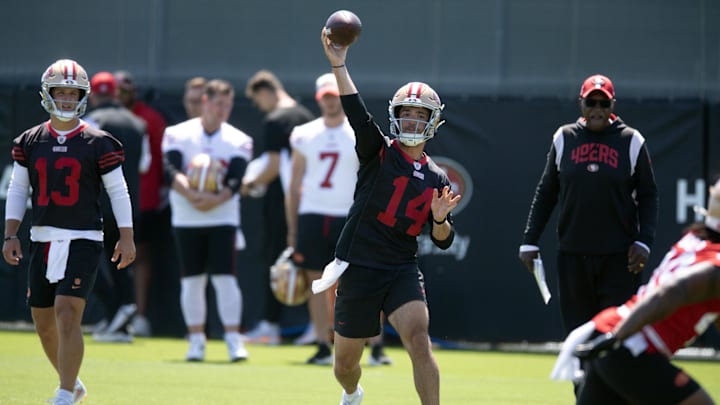 Jun 10, 2025; Santa Clara, CA, USA; San Francisco 49ers quarterback Tanner Mordecai (14) participates in a passing drill during an OTA at Levi's Stadium.
