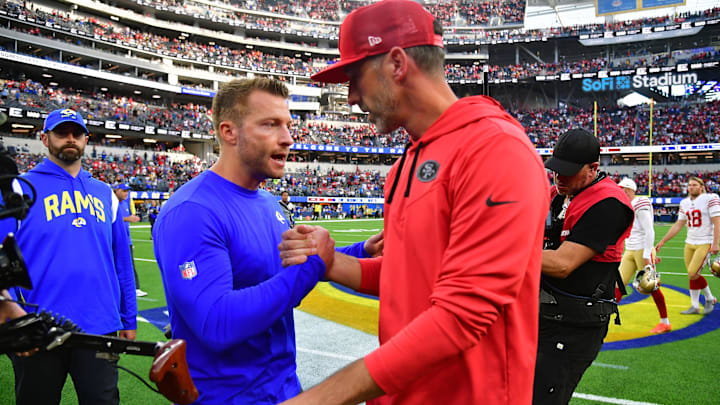 Oct 30, 2022; Inglewood, California, USA; Los Angeles Rams head coach Sean McVay meets with San