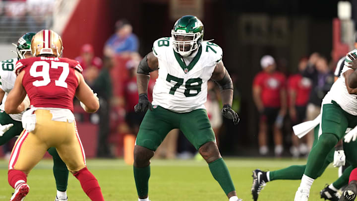 Sep 9, 2024; Santa Clara, California, USA; New York Jets offensive tackle Morgan Moses (78) during the third quarter against the San Francisco 49ers at Levi's Stadium. Mandatory Credit: Darren Yamashita-Imagn Images