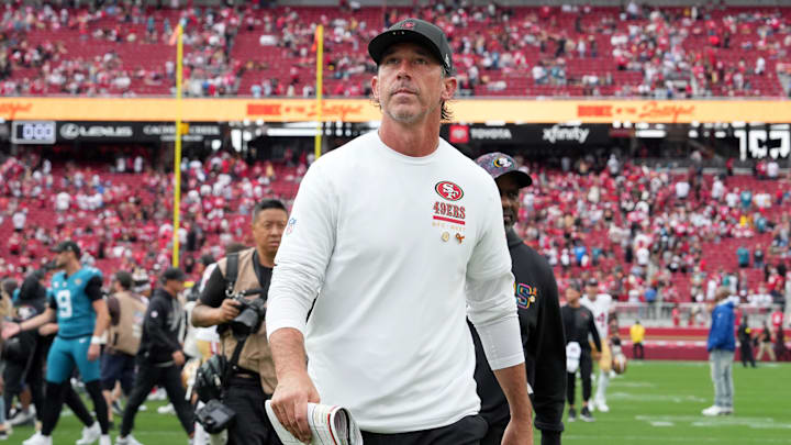 Sep 28, 2025; Santa Clara, California, USA; San Francisco 49ers head coach Kyle Shanahan walks off of the field after the game against the Jacksonville Jaguars at Levi's Stadium. Mandatory Credit: Darren Yamashita-Imagn Images
