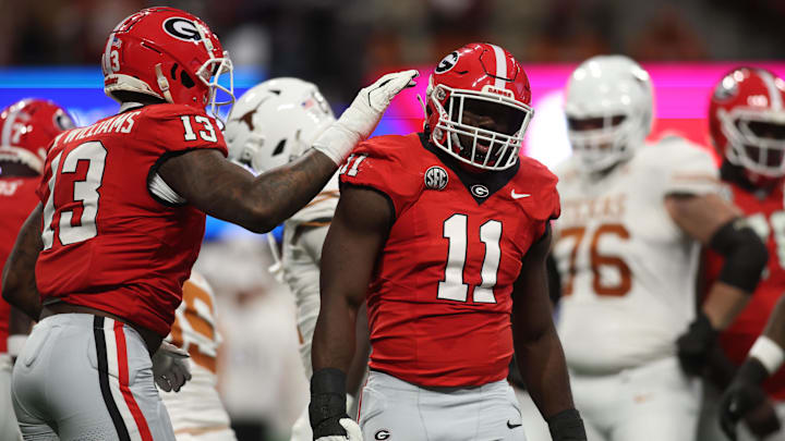 Dec 7, 2024; Atlanta, GA, USA; Georgia Bulldogs linebacker Jalon Walker (11) reacts against the Texas Longhorns during the first half in the 2024 SEC Championship game at Mercedes-Benz Stadium. 