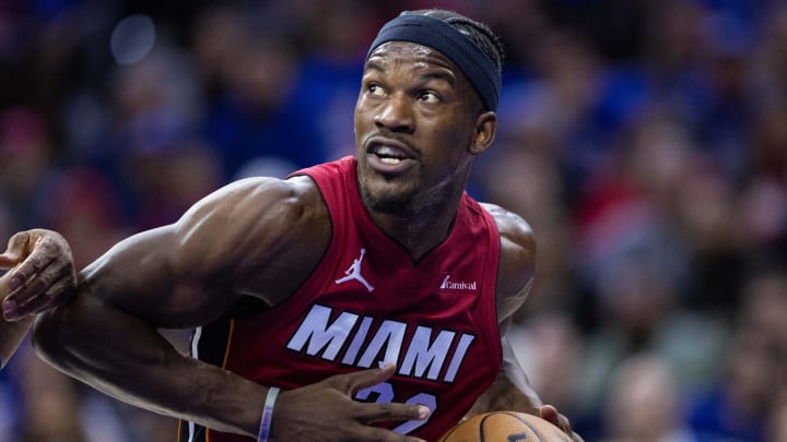 Heat forward Jimmy Butler drives to the hoop during a game against against the Philadelphia 76ers at Wells Fargo Center.