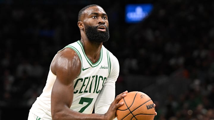 Oct 12, 2025; Boston, Massachusetts, USA: Boston Celtics guard/forward Jaylen Brown (7) attempts a free throw against the Cleveland Cavaliers during the first half at TD Garden. Mandatory Credit: Brian Fluharty-Imagn Images