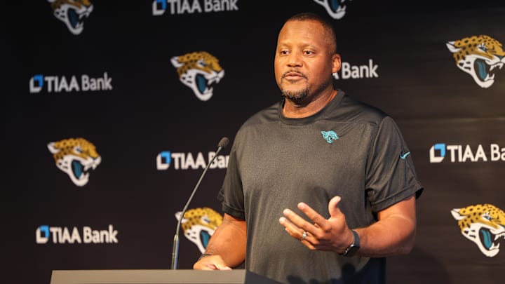 Jul 28, 2023; Jacksonville, FL, USA;  Jacksonville Jaguars defensive coordinator Mike Caldwell gives