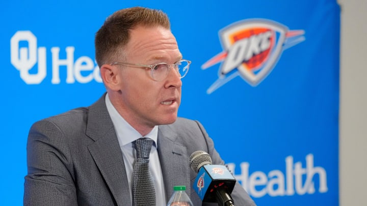 Thunder general manager Sam Presti speaks during an introductory press conference for the 2024 Thunder draft picks at Oklahoma Contemporary Arts Center in Oklahoma City, Saturday, June, 29, 2024.