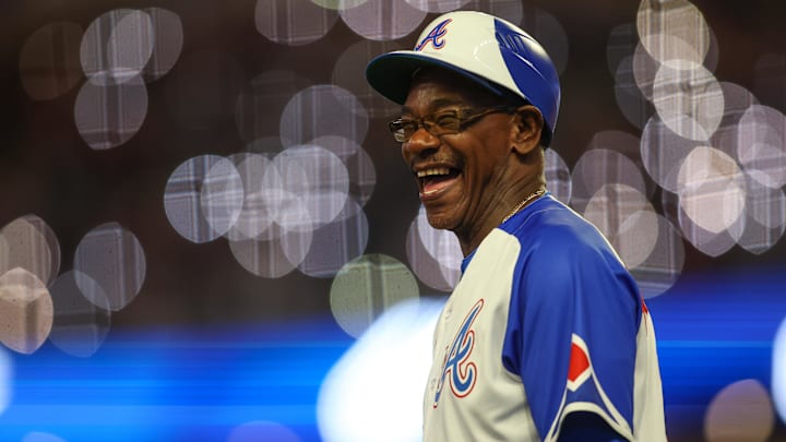 May 6, 2023; Atlanta, Georgia, USA; Atlanta Braves third base coach Ron Washington (37) reacts