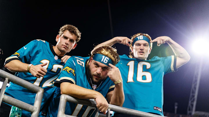 Oct 6, 2025; Jacksonville, Florida, USA; Jacksonville Jaguars fans during the game against the Kansas City Chiefs at EverBank Stadium. Mandatory Credit: Morgan Tencza-Imagn Images