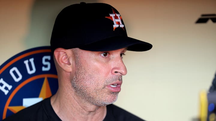 Jun 1, 2024; Houston, Texas, USA; Houston Astros manager Joe Espada (19) talks to reporters in the dugout before a game against the Minnesota Twins at Minute Maid Park Jun 1, 2024; Houston, Texas, USA; Houston Astros manager Joe Espada (19) talks to reporters in the dugout before a game against the Minnesota Twins at Minute Maid Park
