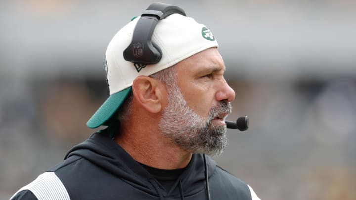 Oct 2, 2022; Pittsburgh, Pennsylvania, USA;  New York Jets defensive coordinator Jeff Ulbrich on the sidelines against the Pittsburgh Steelers during the second quarter at Acrisure Stadium