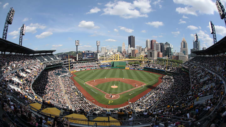 Jun 21, 2025; Pittsburgh, Pennsylvania, USA;  General view as the Texas Rangers bat against the Pittsburgh Pirates during the third inning at PNC Park. Mandatory Credit: Charles LeClaire-Imagn Images