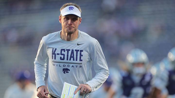 Kansas State Wildcats head coach Collin Klein runs off the field following the game against Houston Cougars inside Bill Snyder Family Stadium in Manhattan, Kansas, on Oct. 10, 2026.