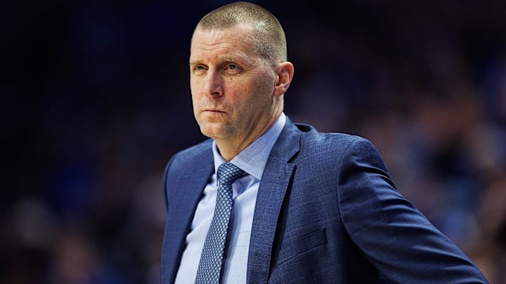 Feb 4, 2026; Lexington, Kentucky, USA; Kentucky Wildcats head coach Mark Pope watches the action during the first half against the Oklahoma Sooners at Rupp Arena at Central Bank Center. Mandatory Credit: Jordan Prather-Imagn Images