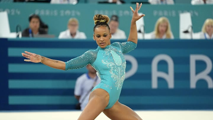 Rebeca Andrade of Brazil competes on the floor exercise on day three of the gymnastics event finals during the Paris 2024 Olympic Summer Games. Rebeca Andrade of Brazil competes on the floor exercise on day three of the gymnastics event finals during the Paris 2024 Olympic Summer Games.