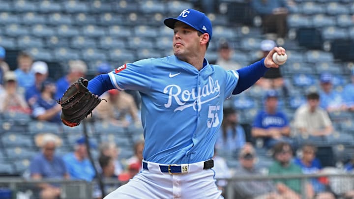 Apr 24, 2025; Kansas City, Missouri, USA; Kansas City Royals starting pitcher Cole Ragans (55) throws a pitch in the first inning against the Colorado Rockies at Kauffman Stadium. Mandatory Credit: Peter Aiken-Imagn Images Apr 24, 2025; Kansas City, Missouri, USA; Kansas City Royals starting pitcher Cole Ragans (55) throws a pitch in the first inning against the Colorado Rockies at Kauffman Stadium. Mandatory Credit: Peter Aiken-Imagn Images