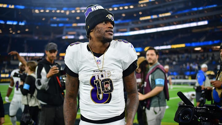 Nov 25, 2024; Inglewood, California, USA; Baltimore Ravens quarterback Lamar Jackson (8) reacts following the victory against the Los Angeles Chargers at SoFi Stadium. Mandatory Credit: Gary A. Vasquez-Imagn Images Nov 25, 2024; Inglewood, California, USA; Baltimore Ravens quarterback Lamar Jackson (8) reacts following the victory against the Los Angeles Chargers at SoFi Stadium. Mandatory Credit: Gary A. Vasquez-Imagn Images