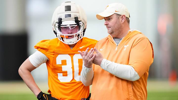 Tennessee coach Josh Heupel with Tennessee defensive back Javonte Smith (30) during the Vols' spring football practice in Knoxville on March 17, 2026.