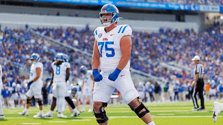 Sep 6, 2025; Lexington, Kentucky, USA; Mississippi Rebels offensive lineman Patrick Kutas (75) celebrates after running back Damien Taylor scores a touchdown during the second quarter against the Kentucky Wildcats at Kroger Field. Mandatory Credit: Jordan Prather-Imagn Images