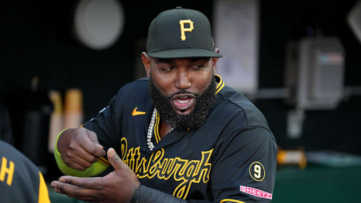 May 8, 2026; San Francisco, California, USA; Pittsburgh Pirates designated hitter Marcell Ozuna (24) stands in the dugout before a game against the San Francisco Giants at Oracle Park. Mandatory Credit: Cary Edmondson-Imagn Images May 8, 2026; San Francisco, California, USA; Pittsburgh Pirates designated hitter Marcell Ozuna (24) stands in the dugout before a game against the San Francisco Giants at Oracle Park. Mandatory Credit: Cary Edmondson-Imagn Images