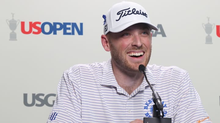Jun 9, 2025; Oakmont, Pennsylvania, USA; Matt Vogt who was a caddie at Oakmont County Club in his youth speaks at a press conference during a practice round for the U.S. Open golf tournament at Oakmont Country Club. Mandatory Credit: Charles LeClaire-Imagn Images