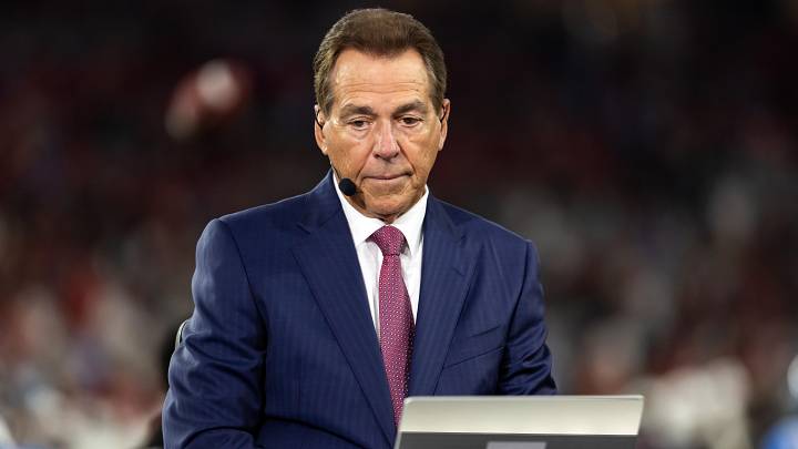 Jan 8, 2026; Glendale, AZ, USA; ESPN personality Nick Saban during 2026 Fiesta Bowl and semifinal game of the College Football Playoff at State Farm Stadium. Mandatory Credit: Mark J. Rebilas-Imagn Images Jan 8, 2026; Glendale, AZ, USA; ESPN personality Nick Saban during 2026 Fiesta Bowl and semifinal game of the College Football Playoff at State Farm Stadium. Mandatory Credit: Mark J. Rebilas-Imagn Images